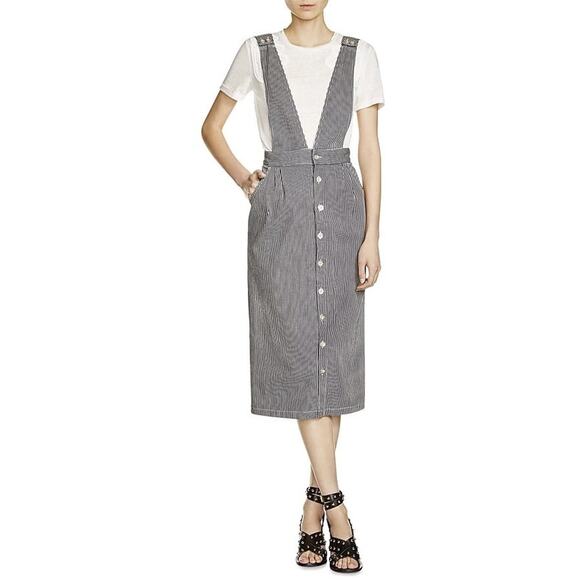 Maje Ritano Striped Denim Overall Midi Dress Size 40 - Picture 1 of 7